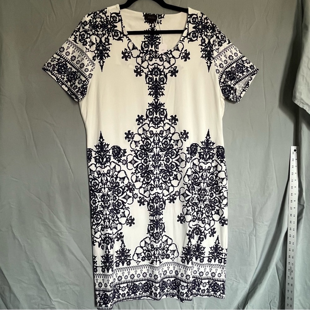 Antea Womens XL Dress Navy Blue White Round Neck Short Sleeve Career Party Casua